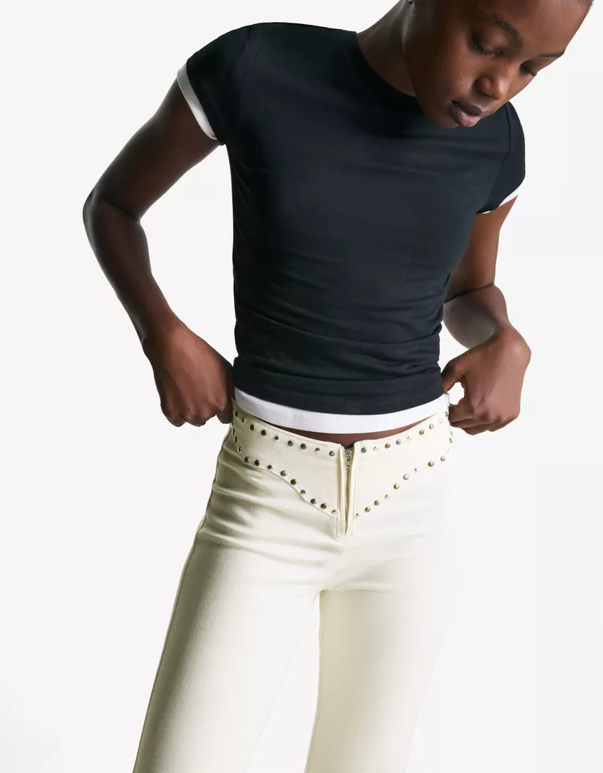 Studded waist pants with zipper