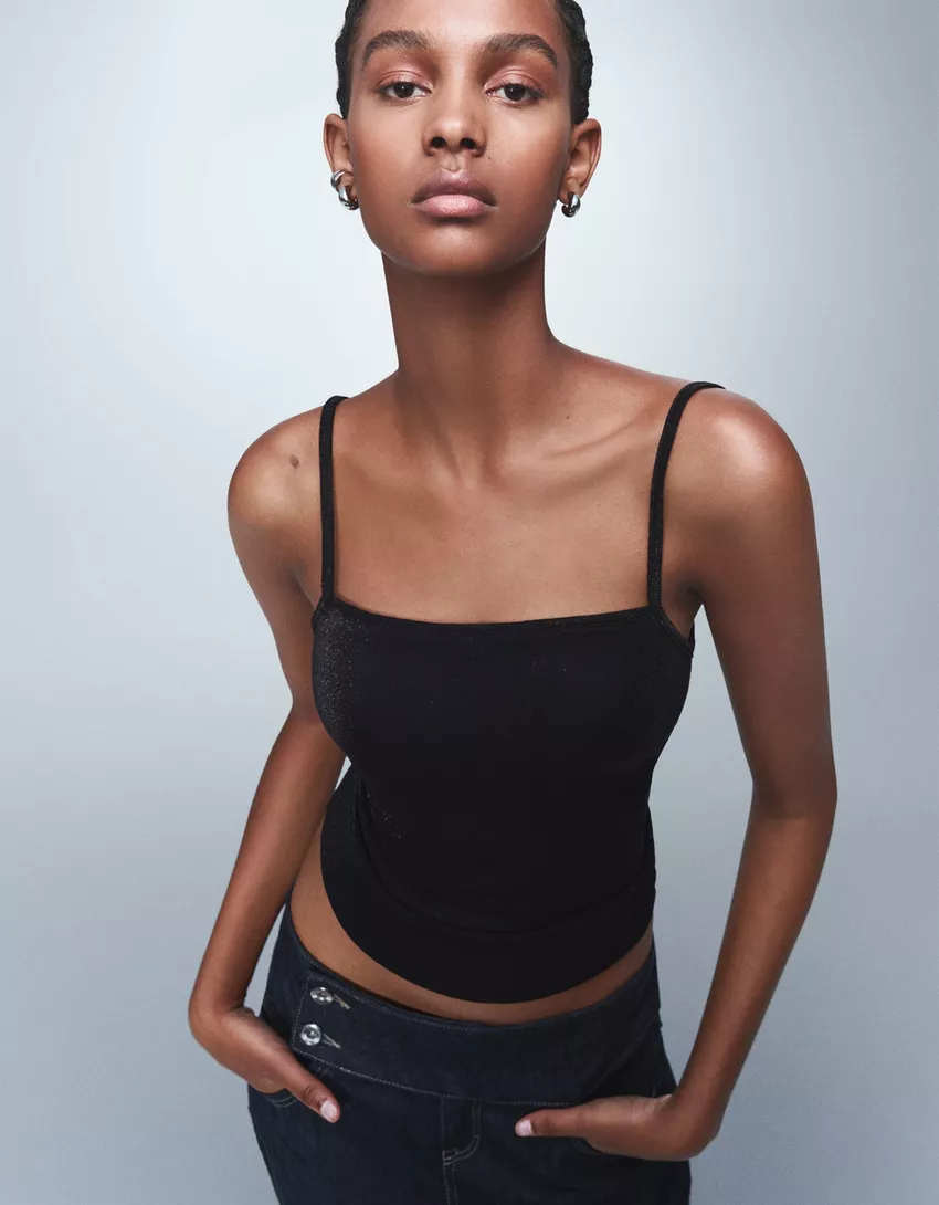 Metallic thread strappy top