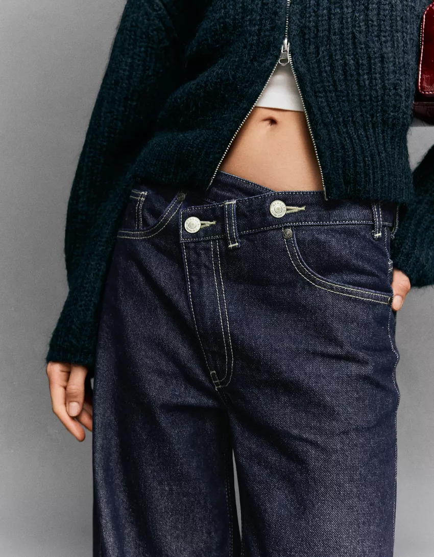 Wide leg jeans with crossover waistband