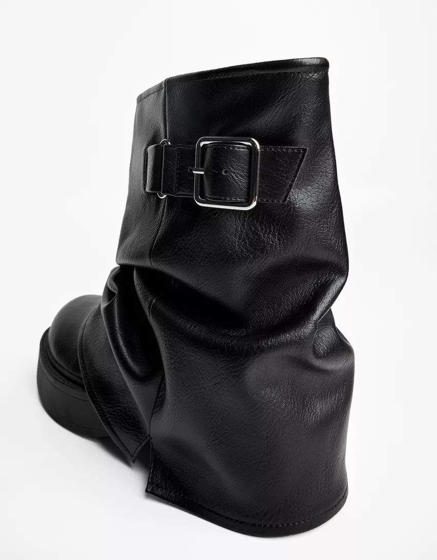 Flat fold over ankle boots with buckle