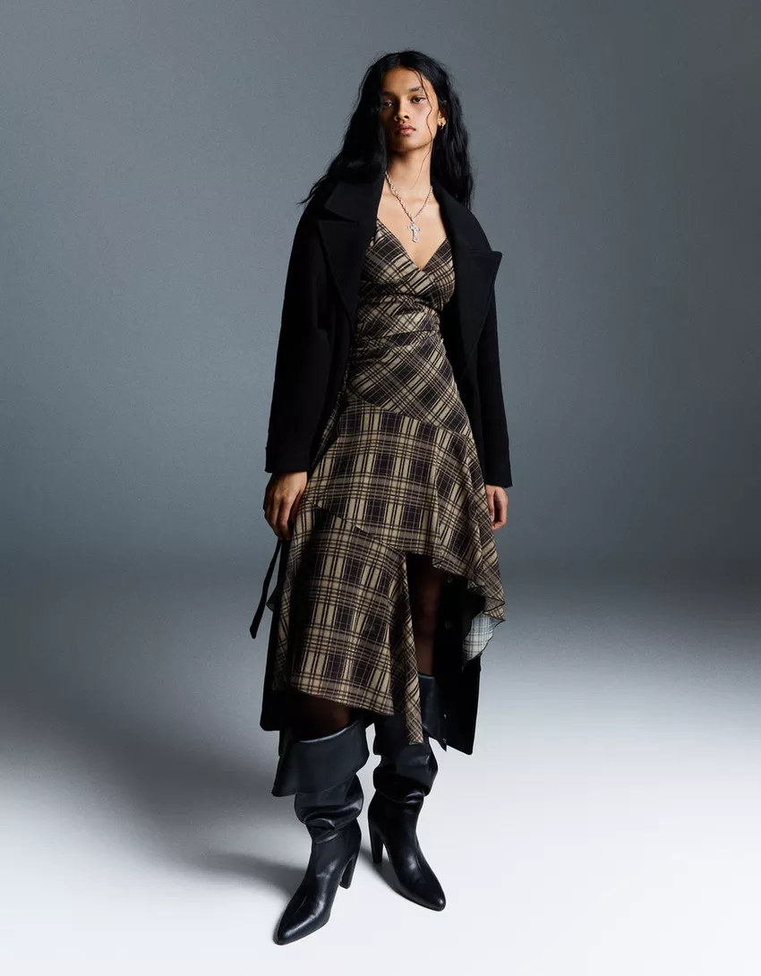 Check strappy tulle midi dress