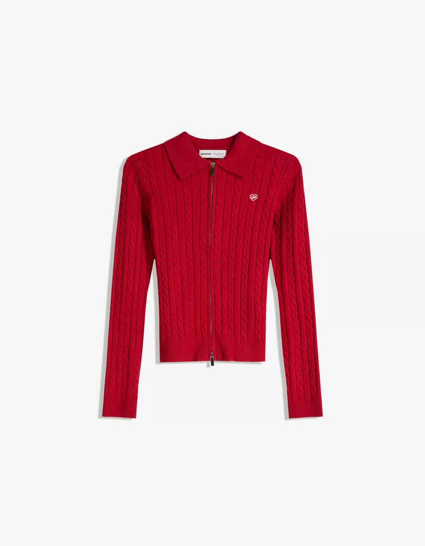 Cable-knit cardigan with a polo collar