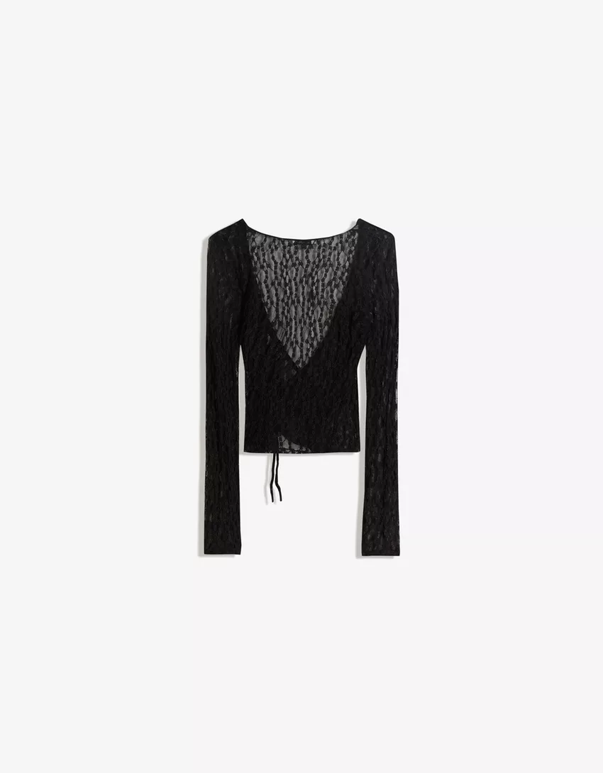 Long sleeve knotted blonde lace T-shirt