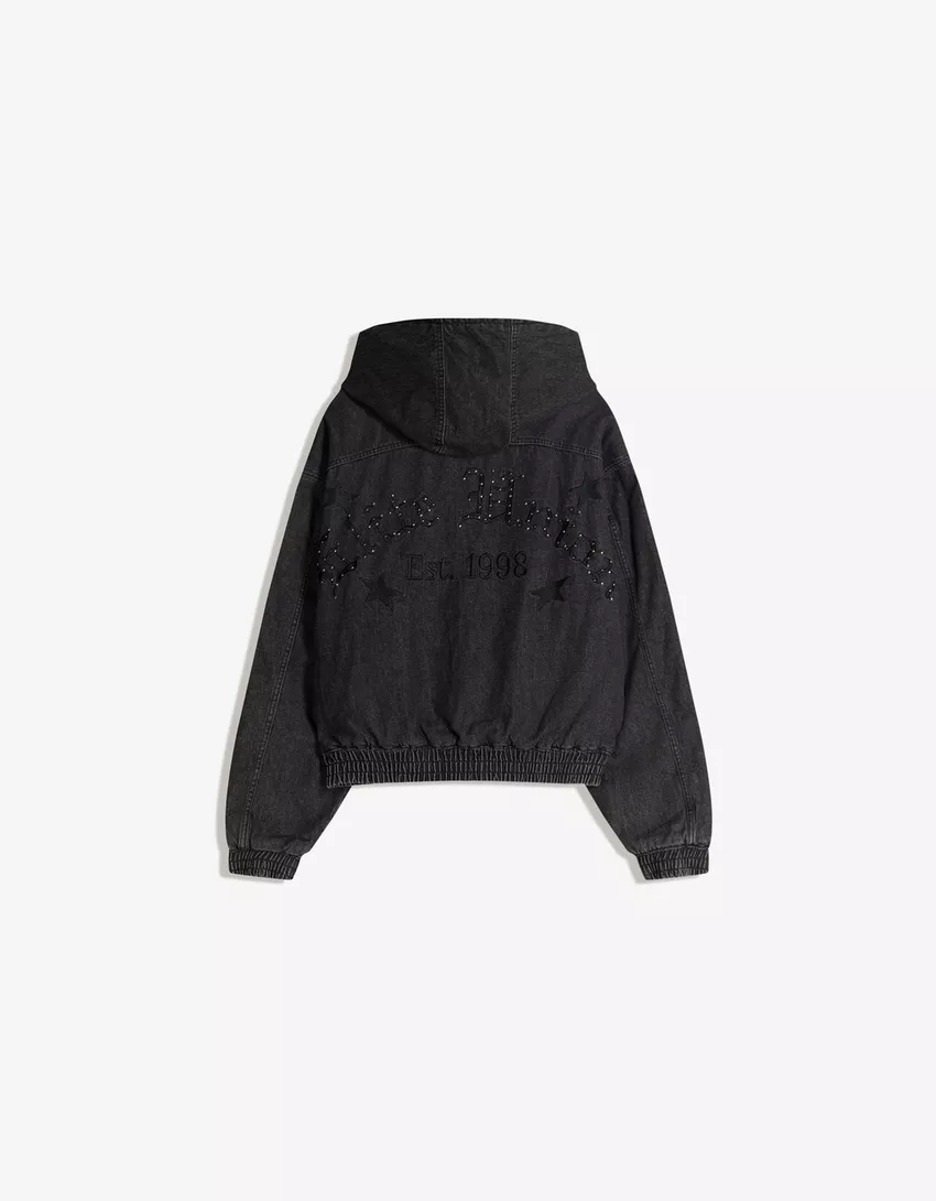 Denim bomber jacket with hood and studs