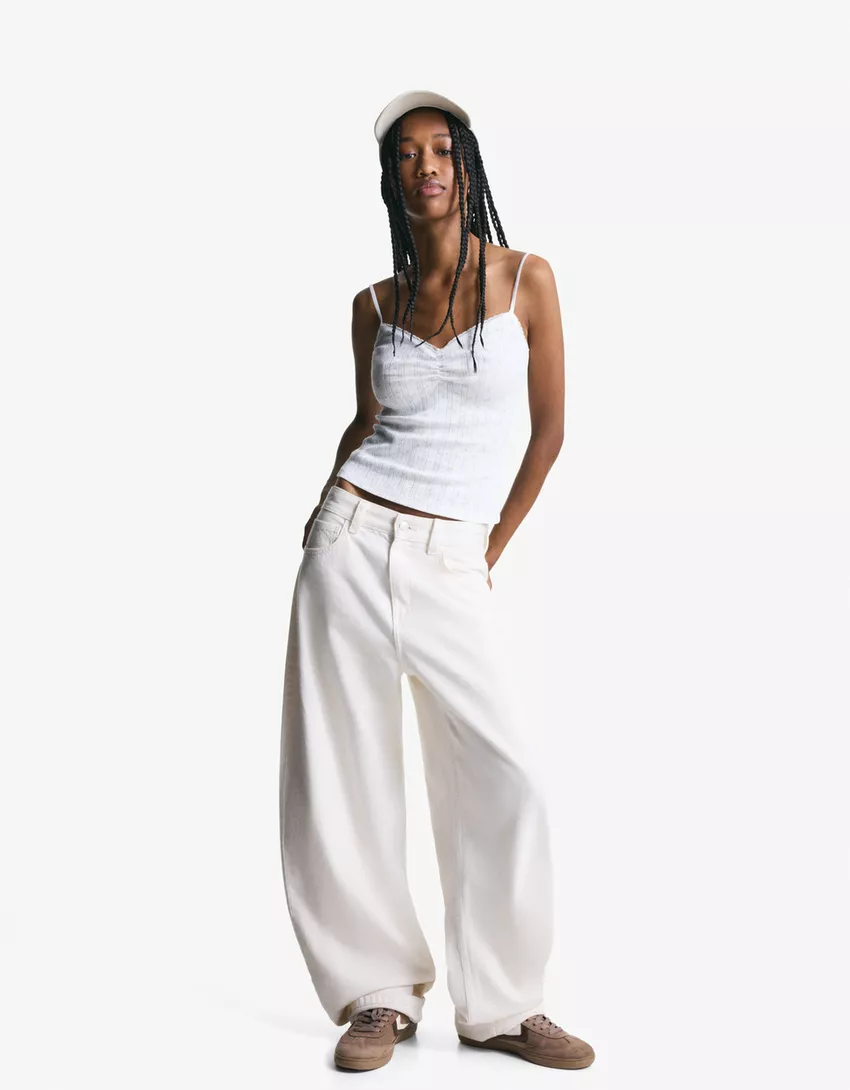 Printed pointelle top with straps