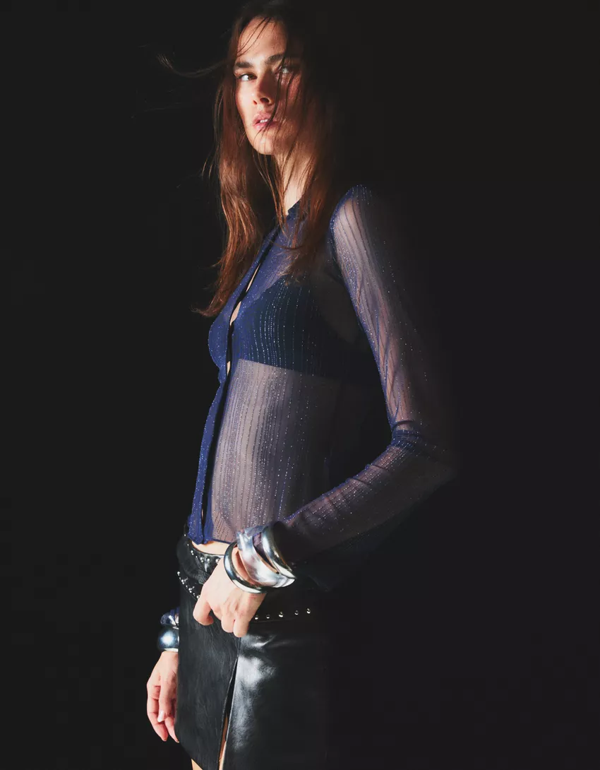 Long sleeve tulle T-shirt with rhinestones