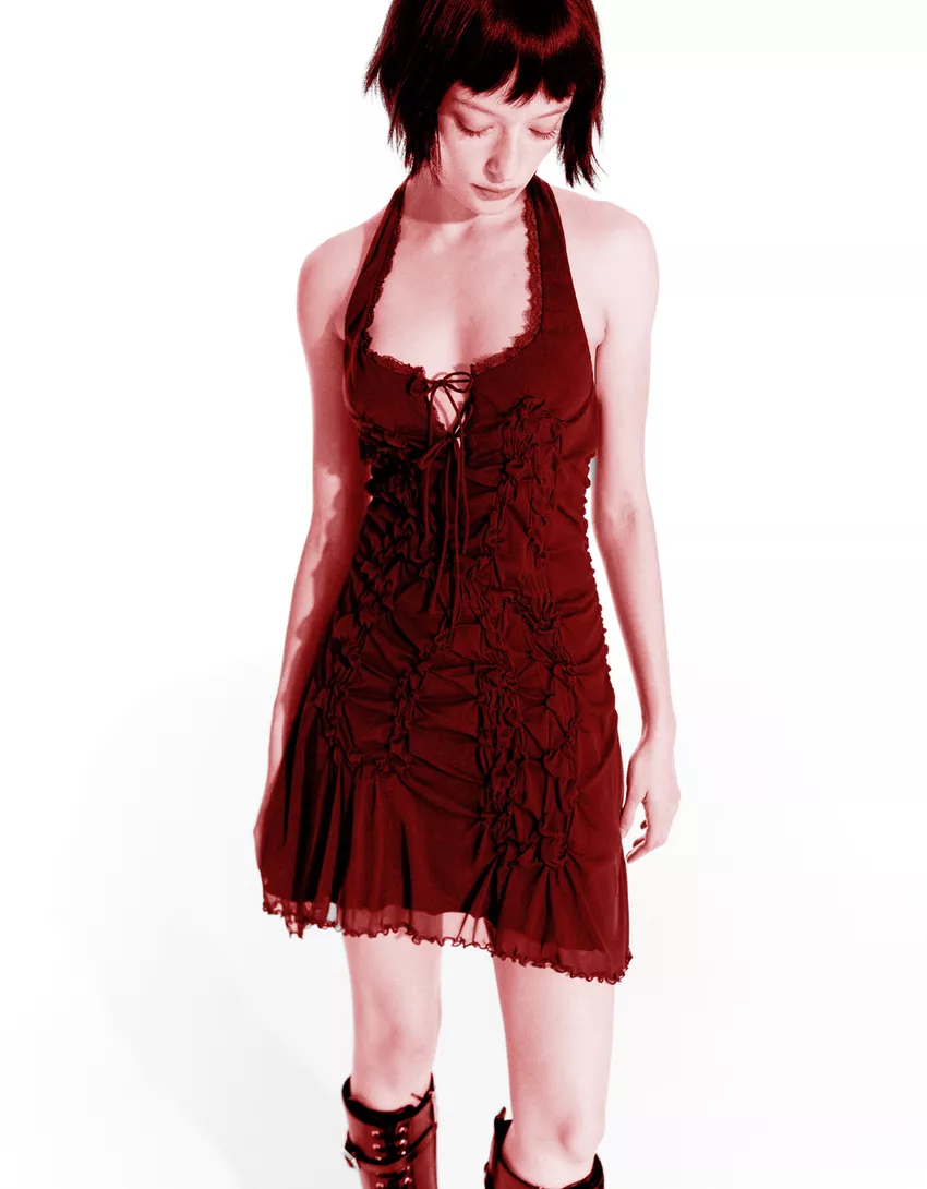 Gathered lace mini dress