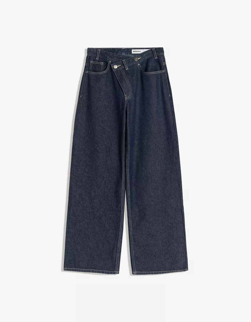 Wide leg jeans with crossover waistband