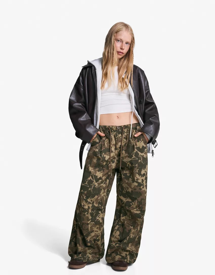 Printed parachute cargo pants