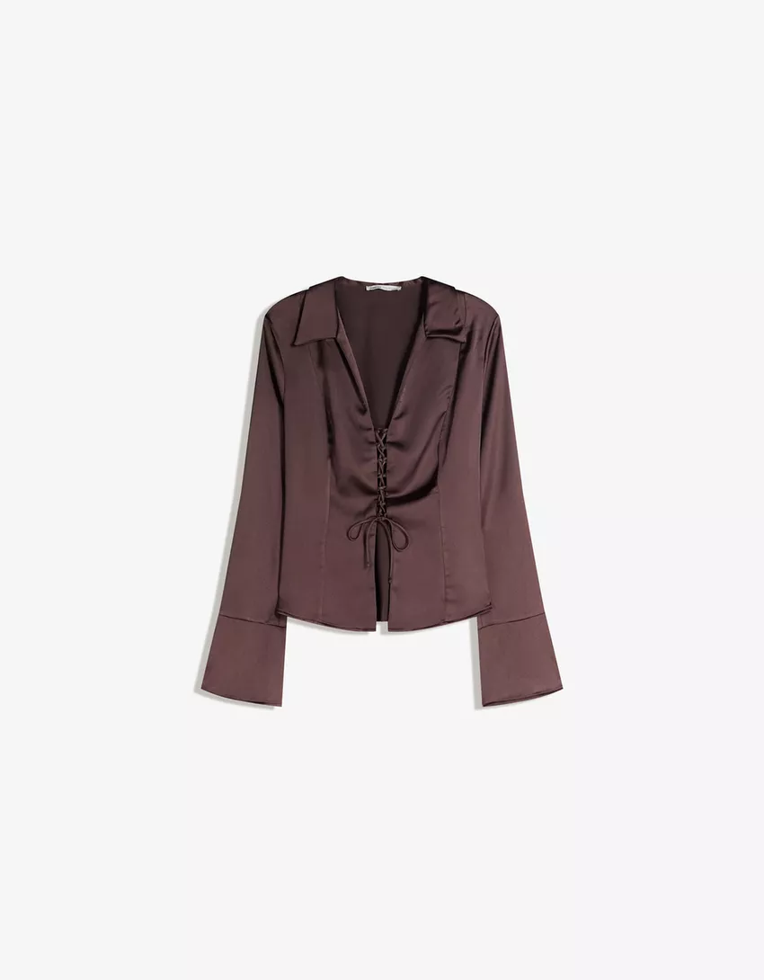Lace-up satin shirt