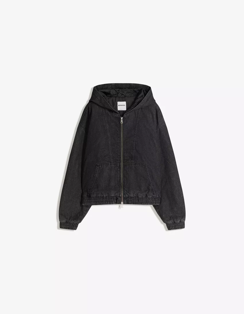 Denim bomber jacket with hood and studs