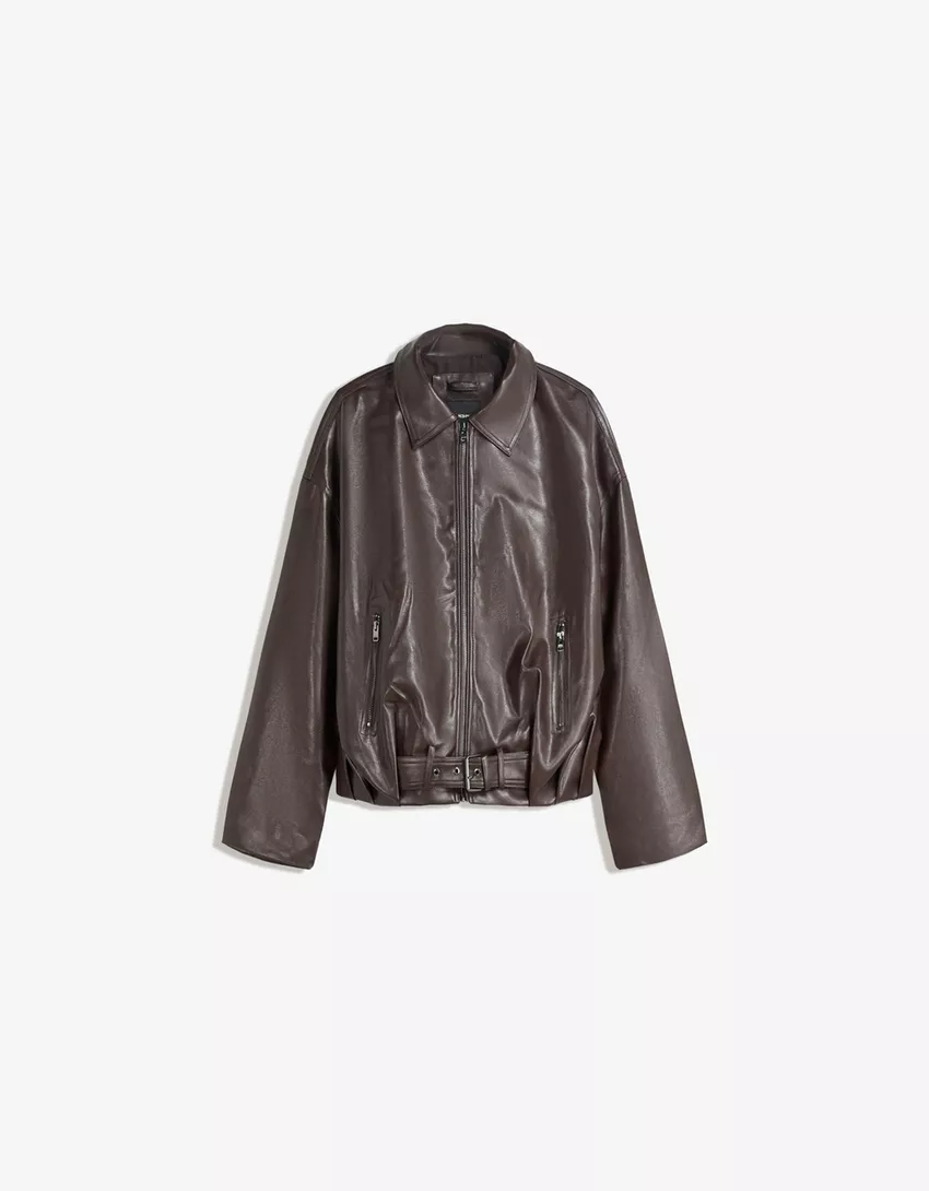 Belted leather effect bomber jacket