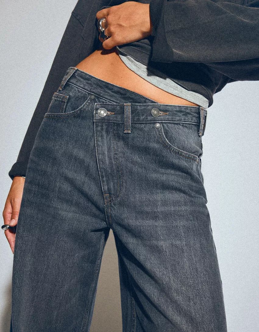 Wide leg jeans with crossover waistband