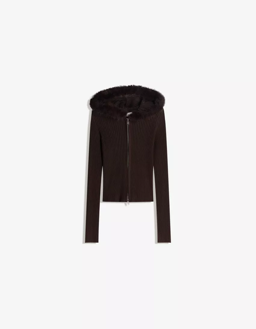 Knitted Zip-Up Jacket with Faux Fur Hood