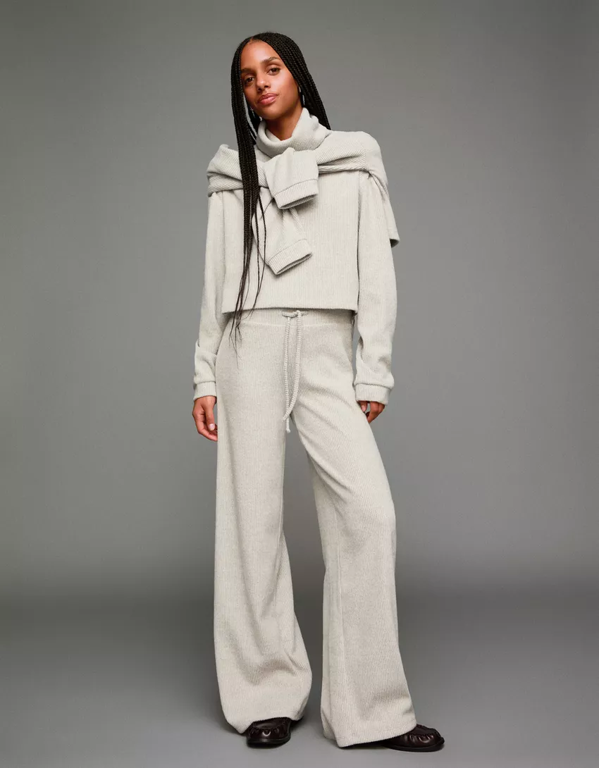 Soft ribbed wide-leg pants