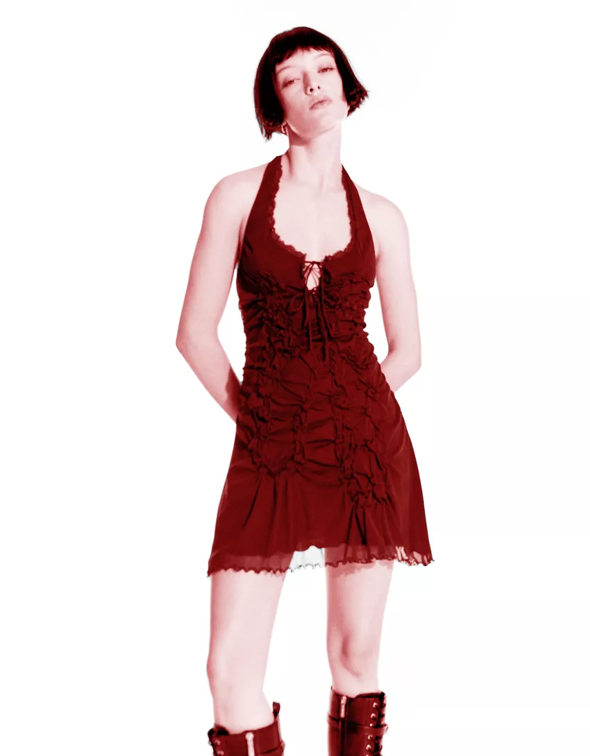 Gathered lace mini dress