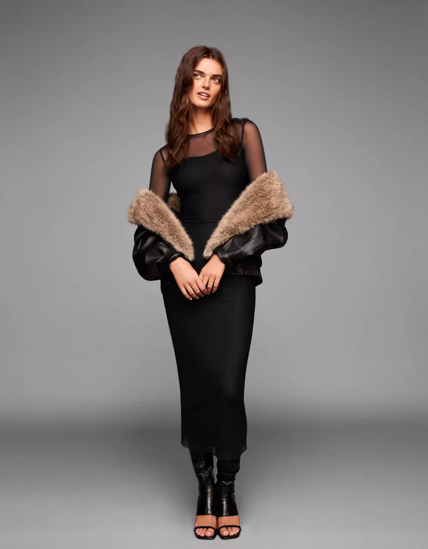 Long sleeve tulle midi dress