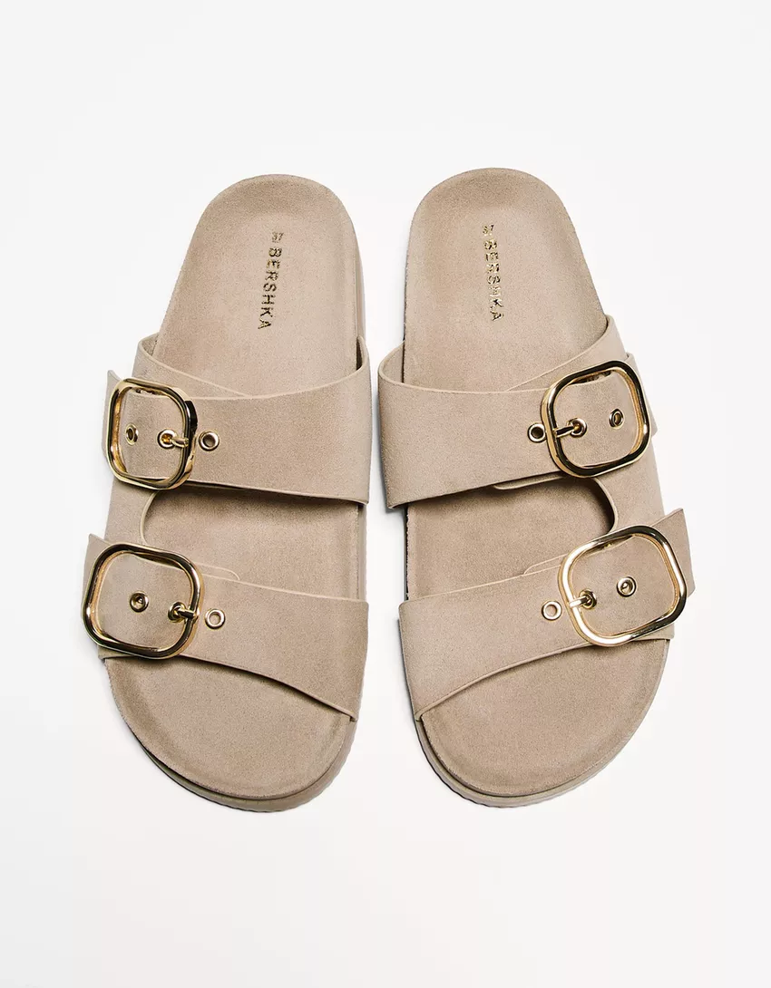 Flat slider sandals with buckles