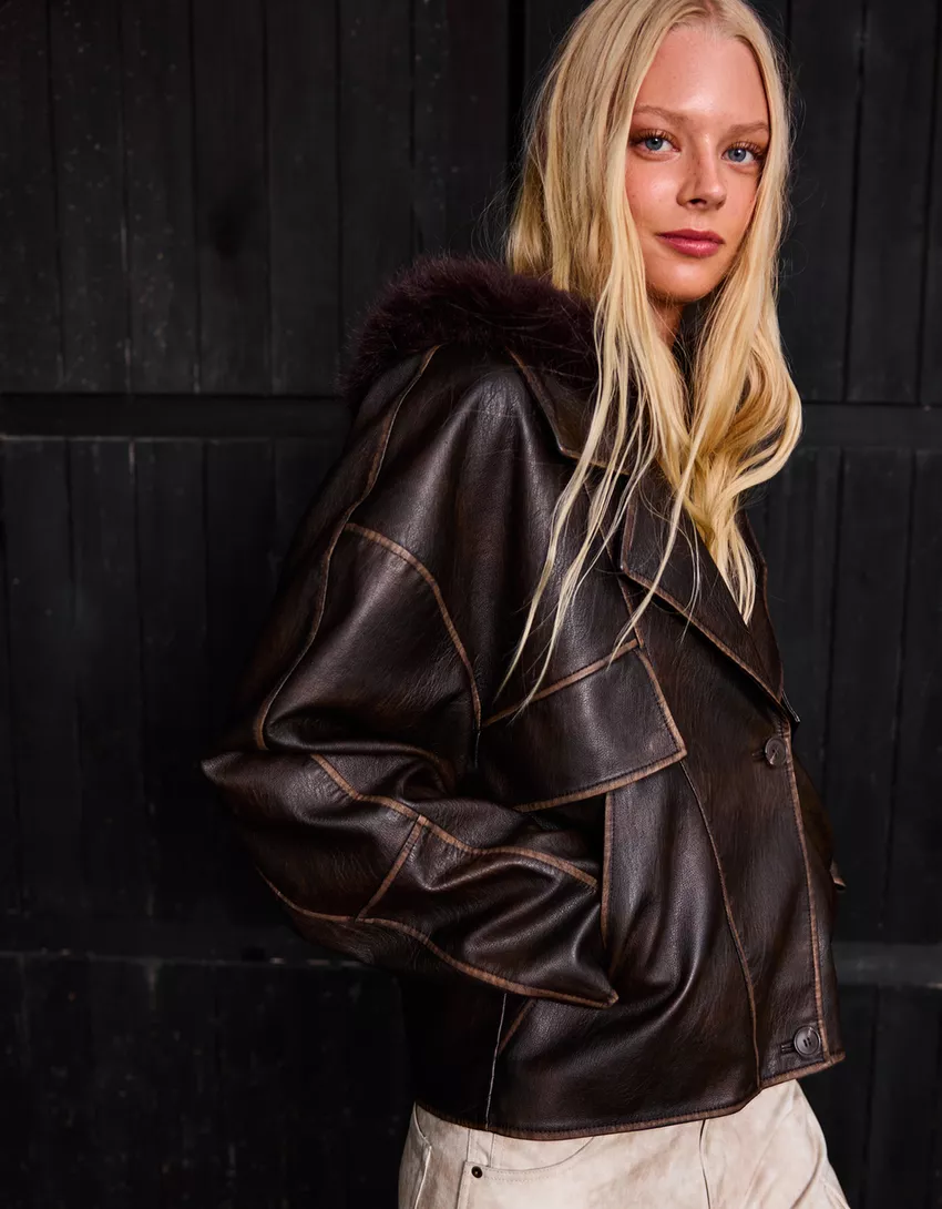 Leather effect jacket with a lapel collar