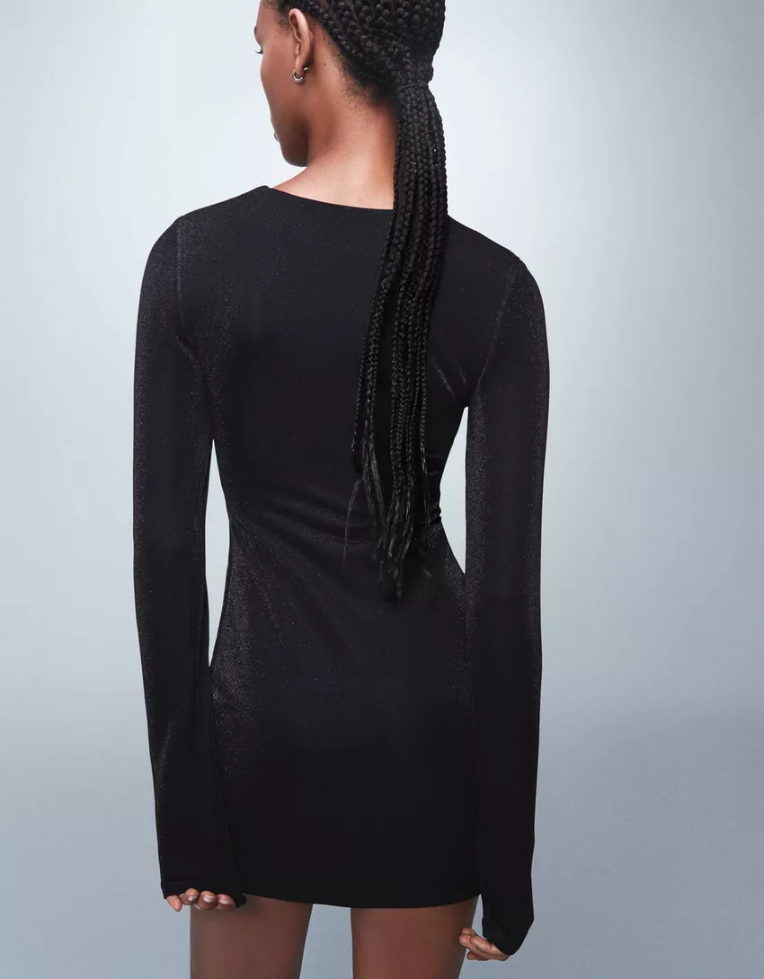 Gathered long sleeve shimmery mini dress