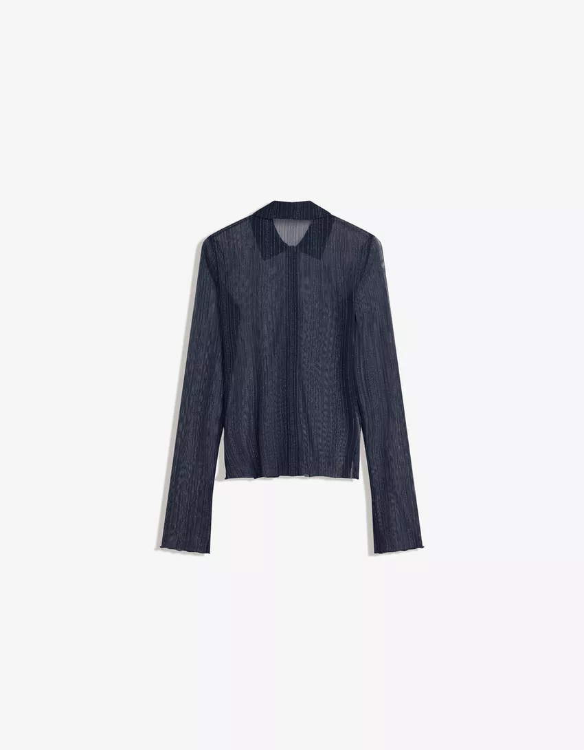 Long sleeve tulle T-shirt with rhinestones