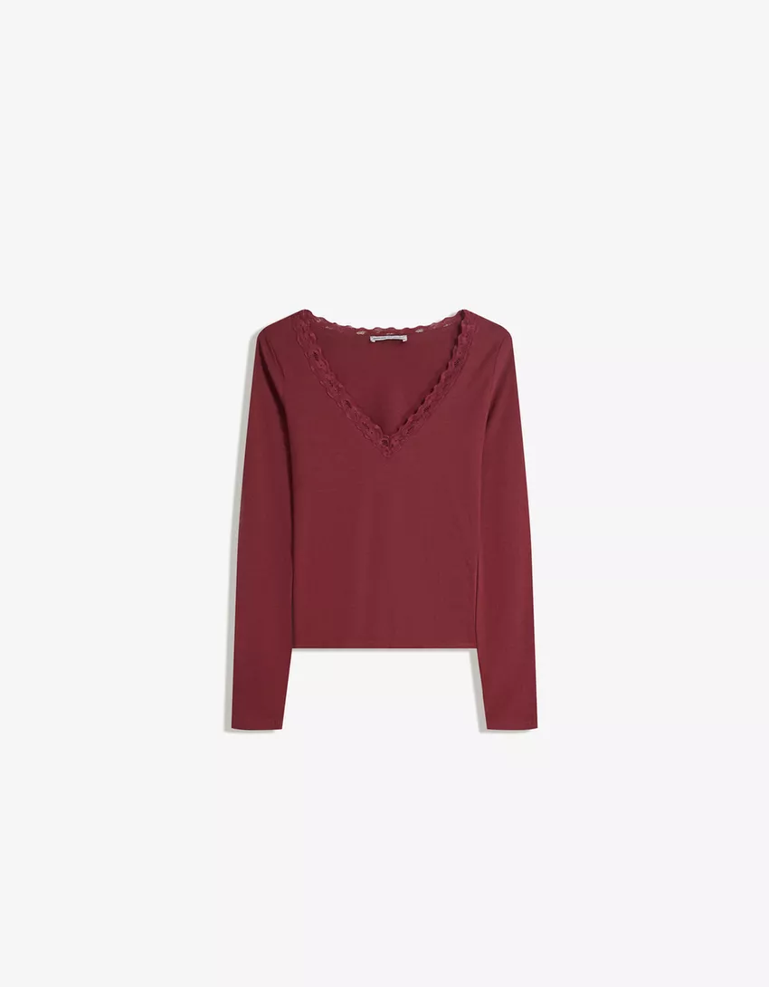 Long sleeve lace-trimmed T-shirt