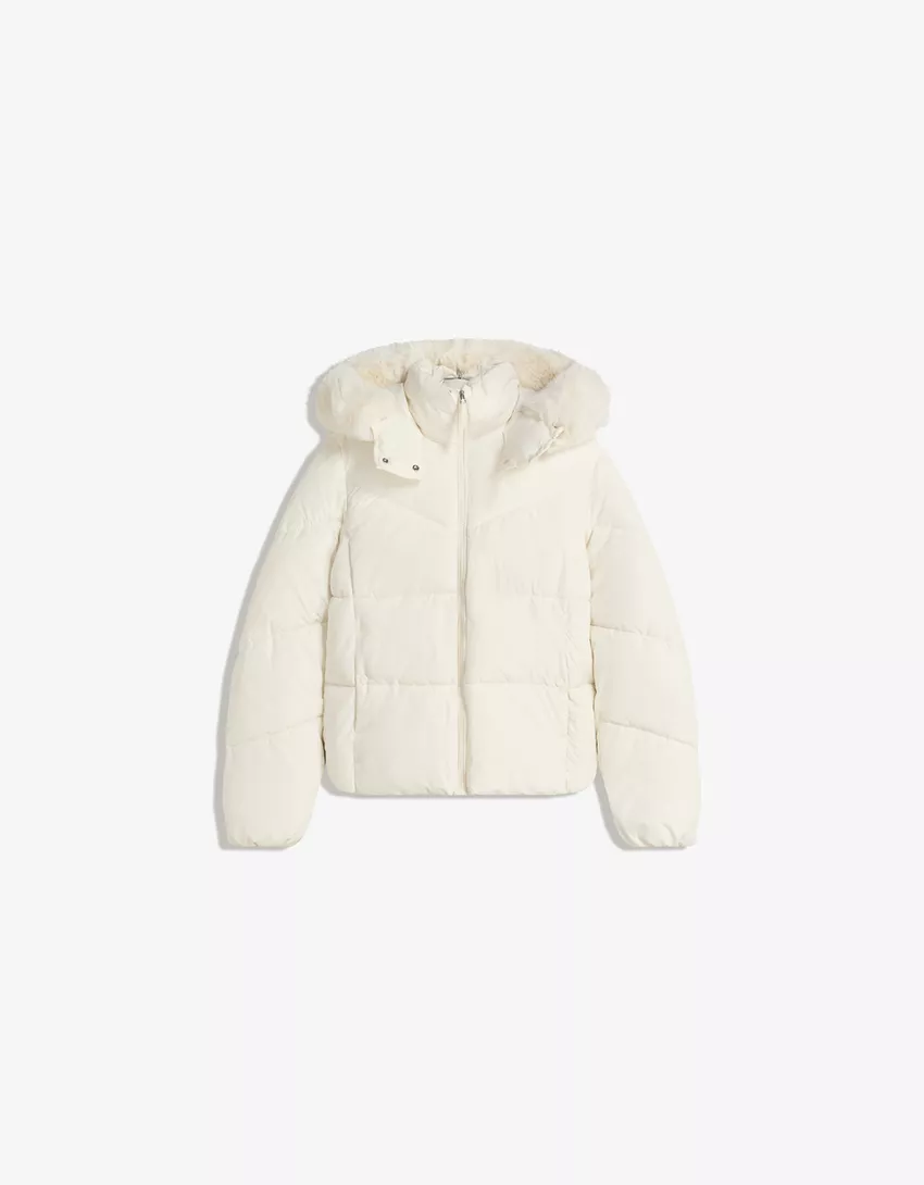 Water-repellent hooded puffer jacket with faux fur