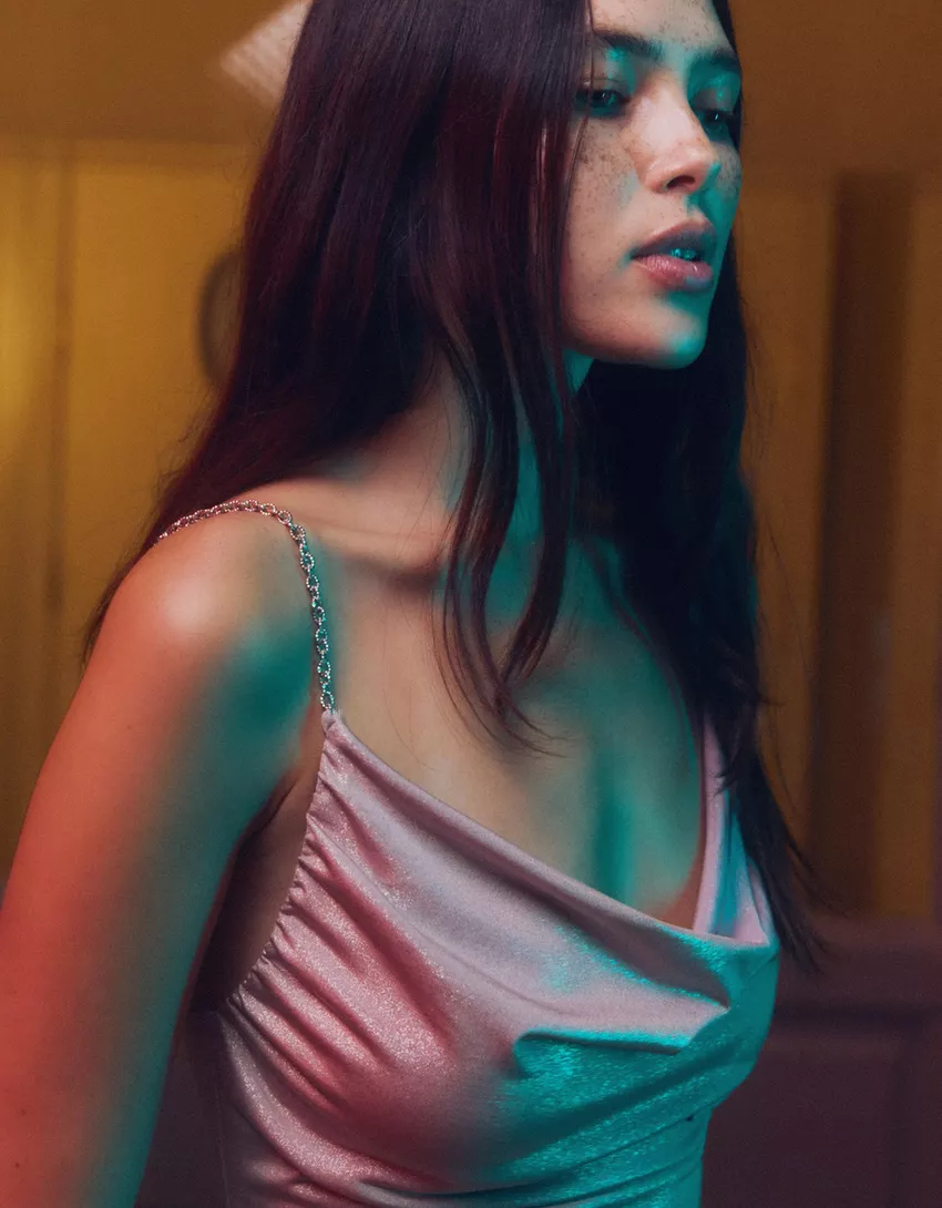 Draped top with chain straps