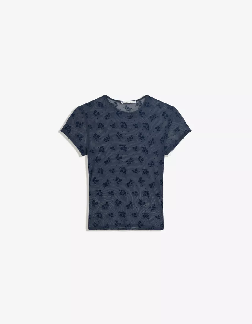 Printed short sleeve tulle T-shirt