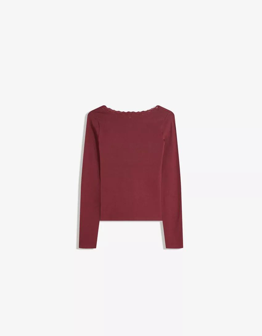 Long sleeve lace-trimmed T-shirt
