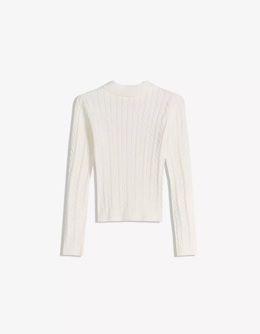 Cable-knit cardigan with a polo collar