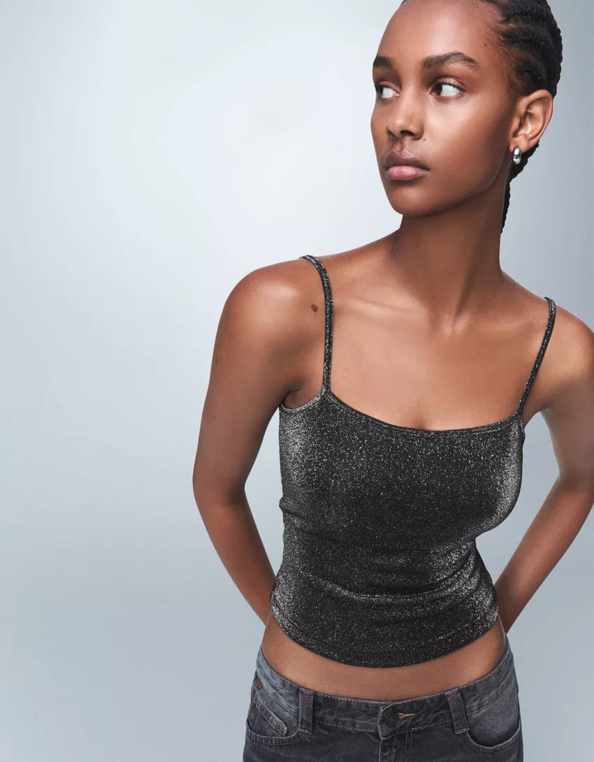 Metallic thread strappy top