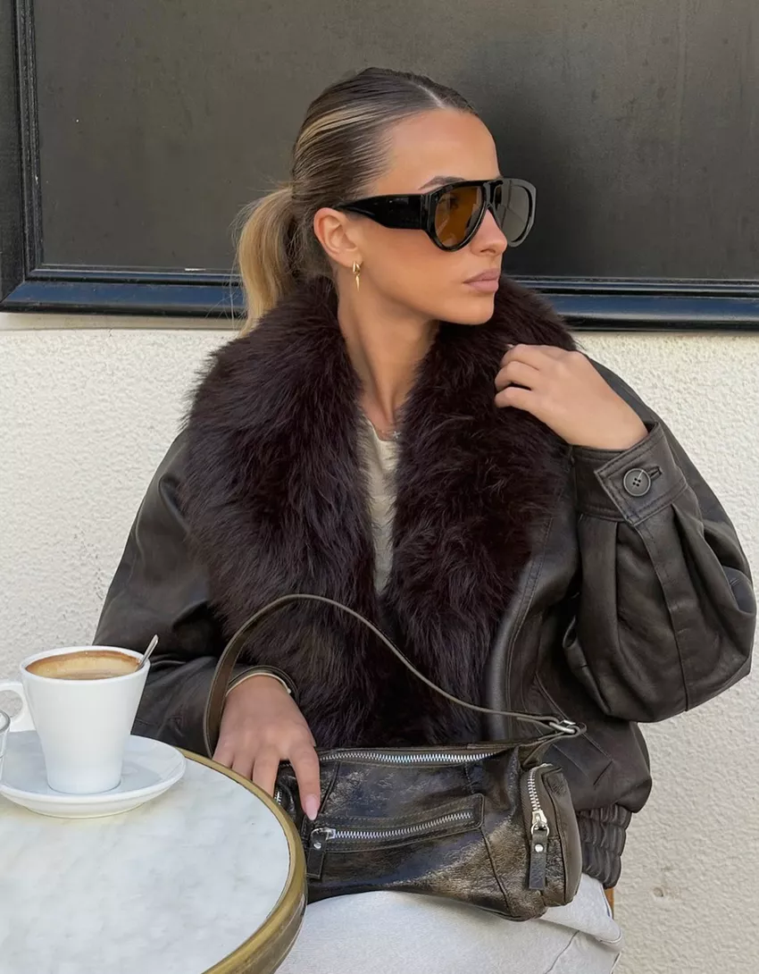 Leather effect jacket with faux fur collar