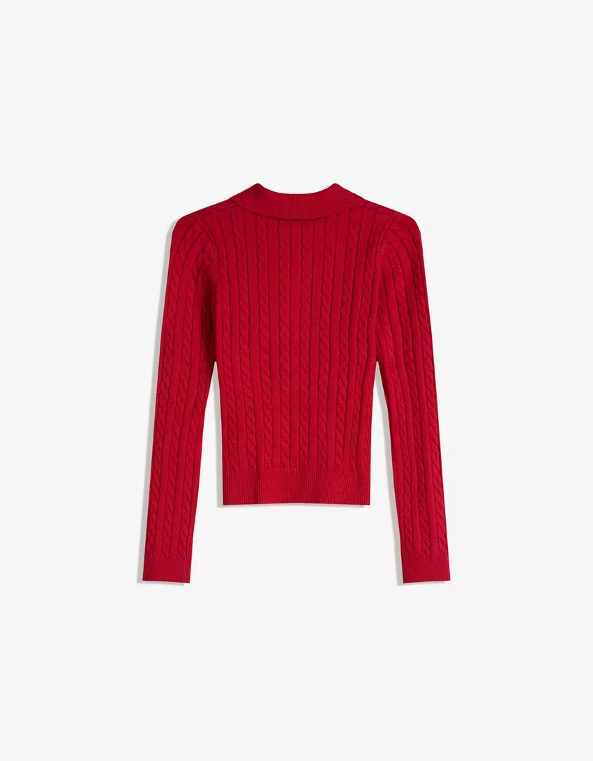 Cable-knit cardigan with a polo collar