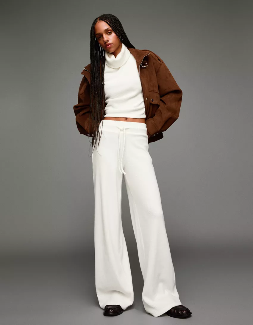 Soft ribbed wide-leg pants