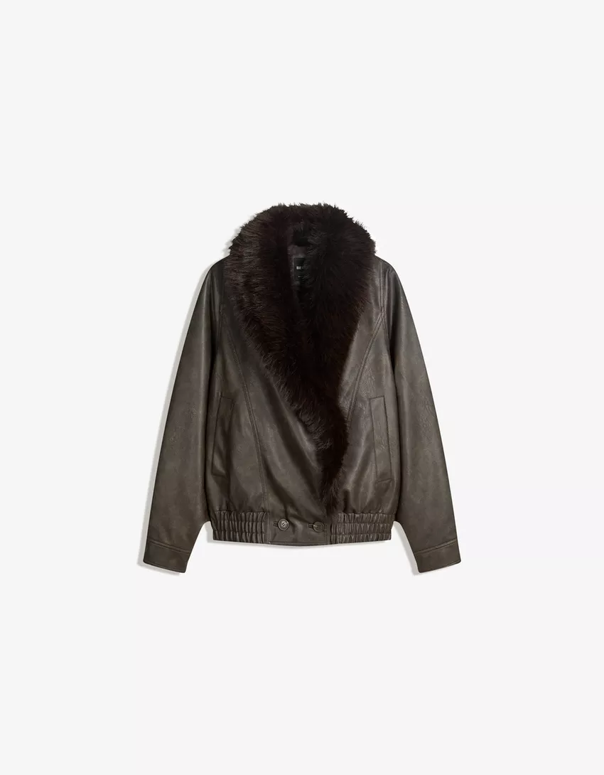 Leather effect jacket with faux fur collar