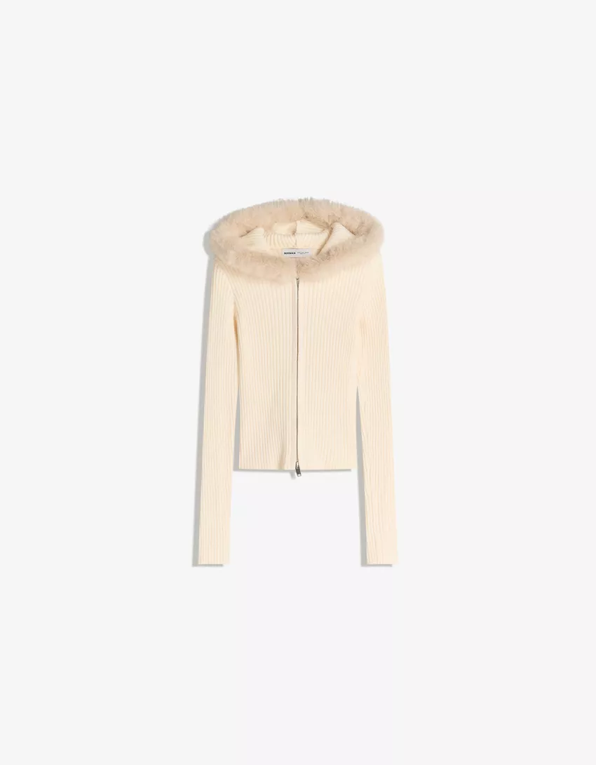 Knitted Zip-Up Jacket with Faux Fur Hood