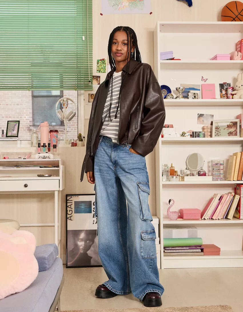 Belted leather effect bomber jacket