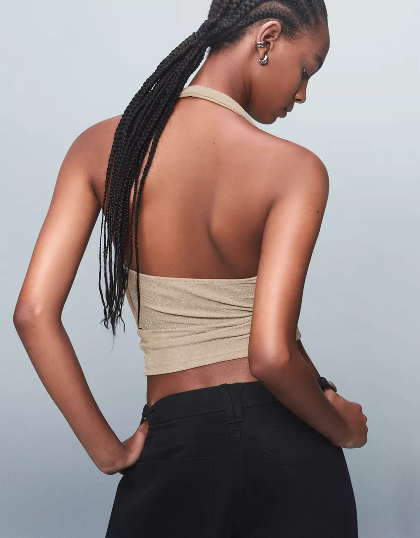 Shimmery draped cowl neck halter top