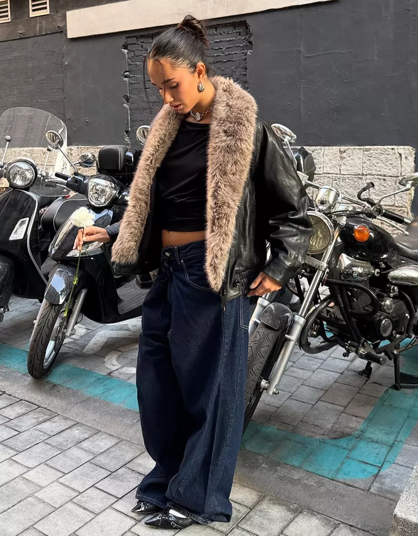 Leather effect jacket with faux fur collar