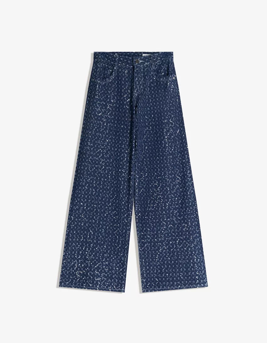 Sequinned Wide-Leg Jeans