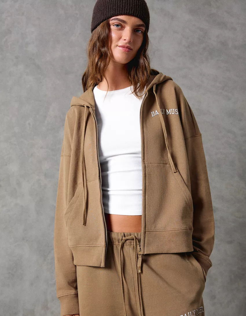 Embroidered zip-up hooded sweatshirt