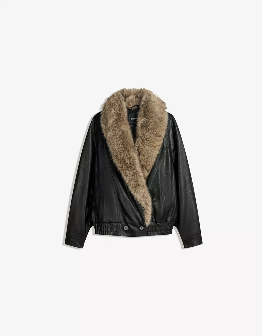 Leather effect jacket with faux fur collar