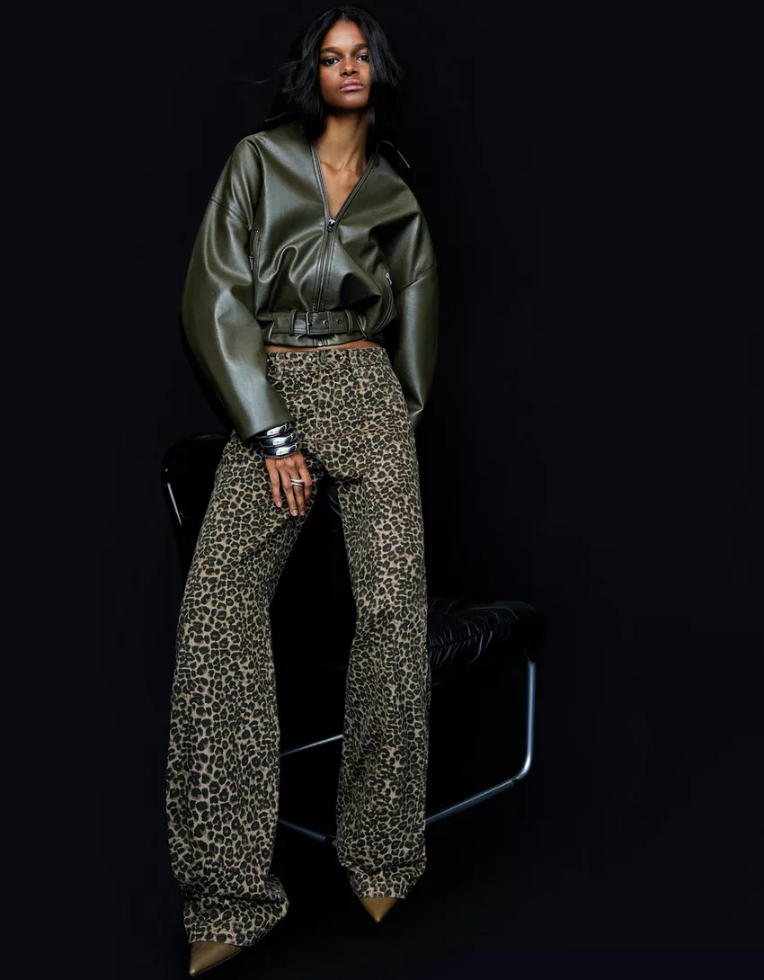 Animal print straight-leg studded pants