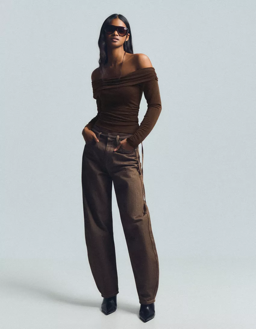 Shimmery textured Bardot neckline top