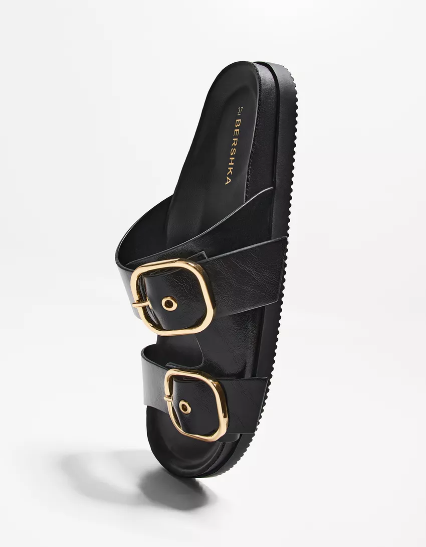 Flat slider sandals with buckles