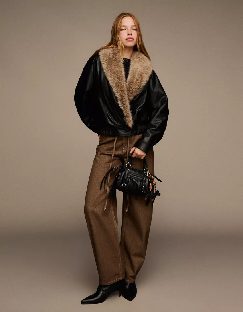 Leather effect jacket with faux fur collar
