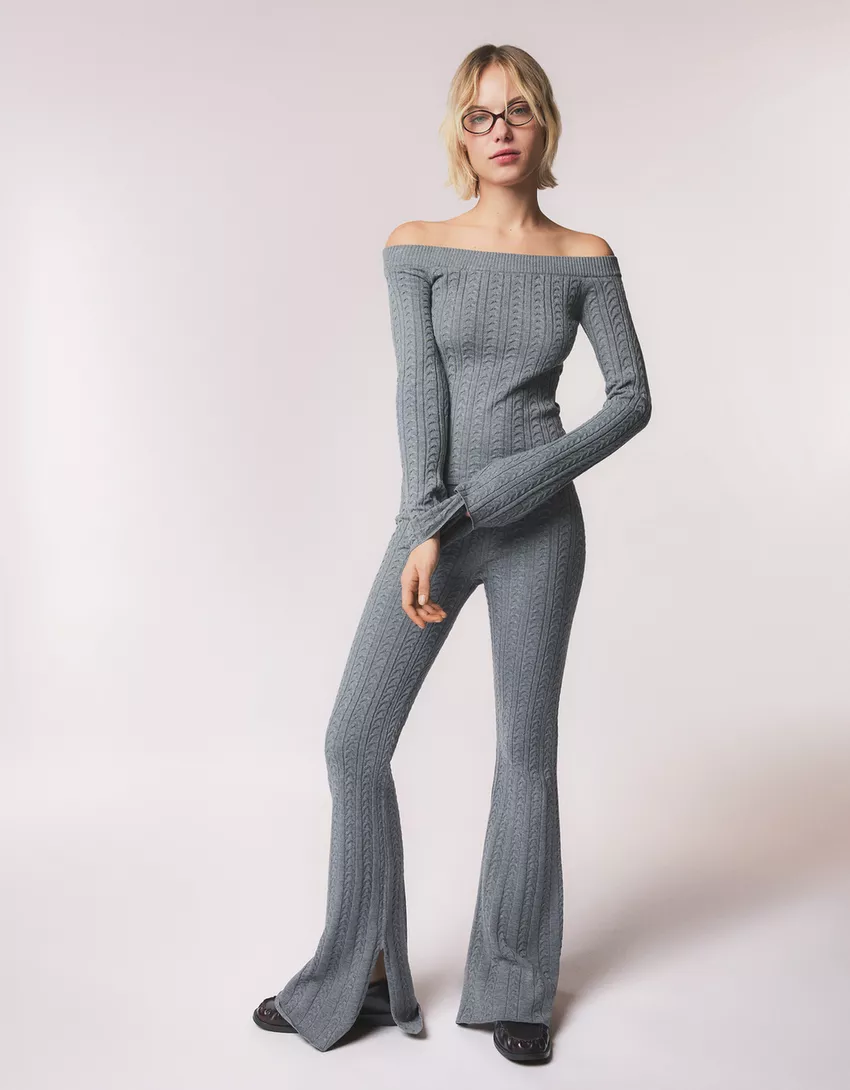 Cable-knit flared pants