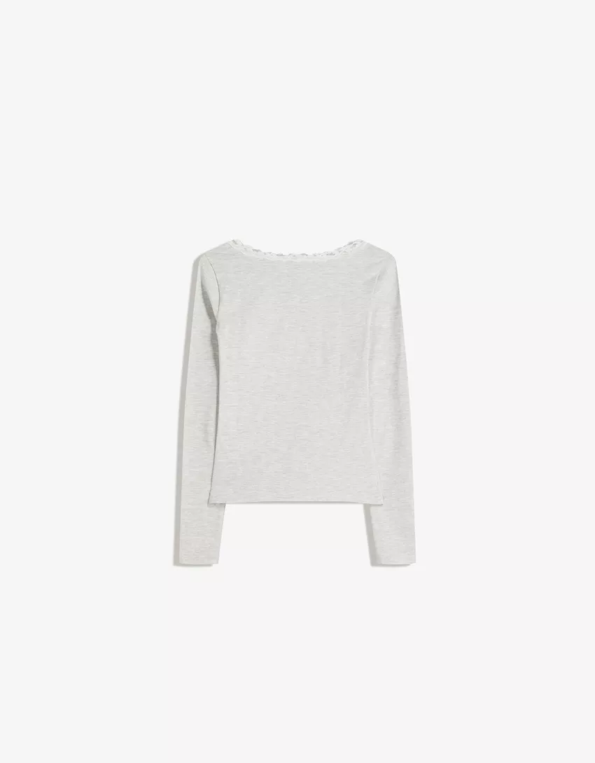 Long sleeve lace-trimmed T-shirt