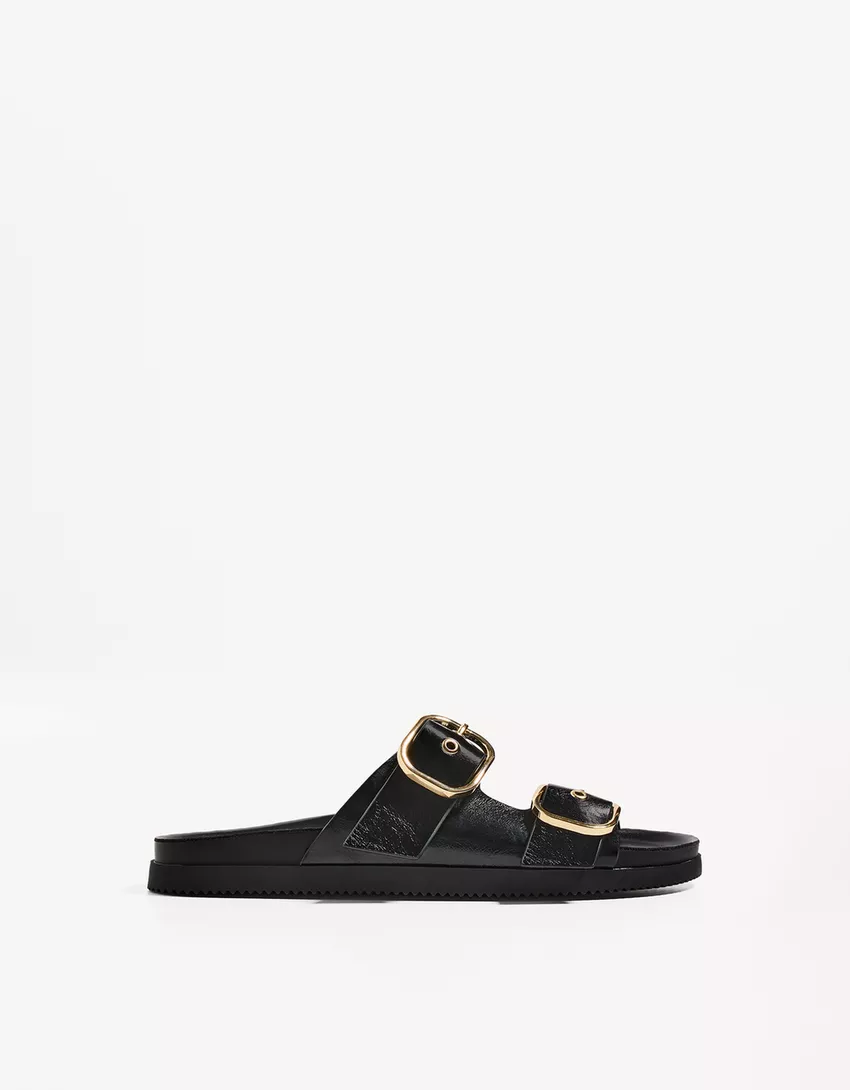 Flat slider sandals with buckles